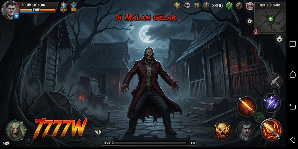 Screenshot gameplay 7777W yang menampilkan suasana menegangkan dan menyeramkan.