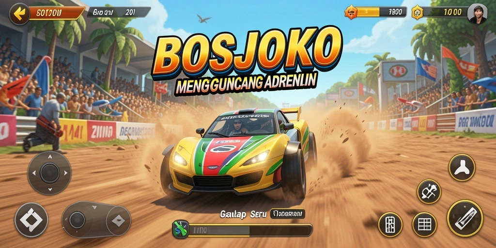 Tampilan gameplay seru di BOSJOKO dengan mobil balap cepat.