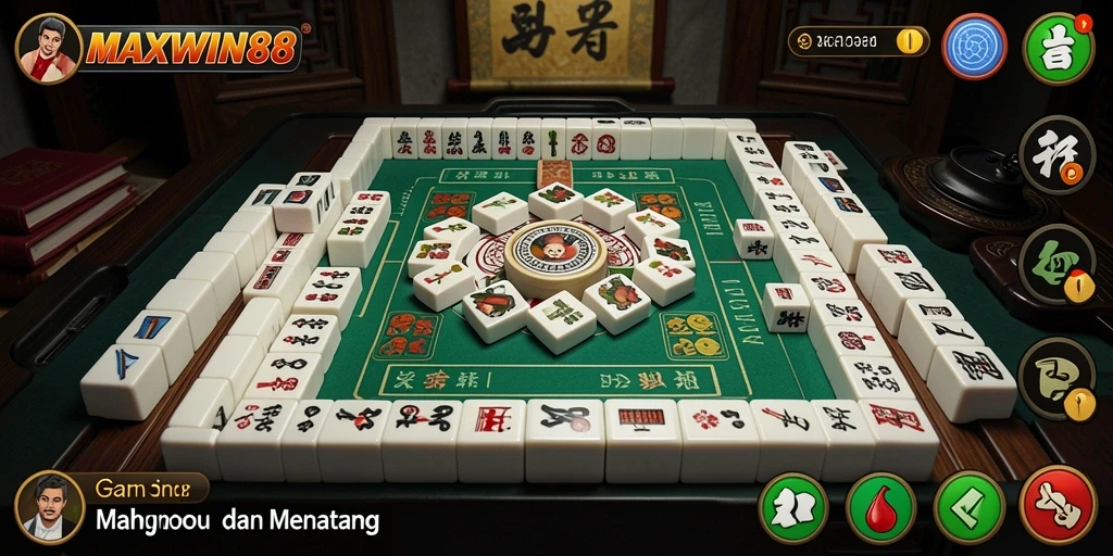 Screenshot gameplay MAXWIN88 menampilkan ubin Mahjong yang berwarna-warni.