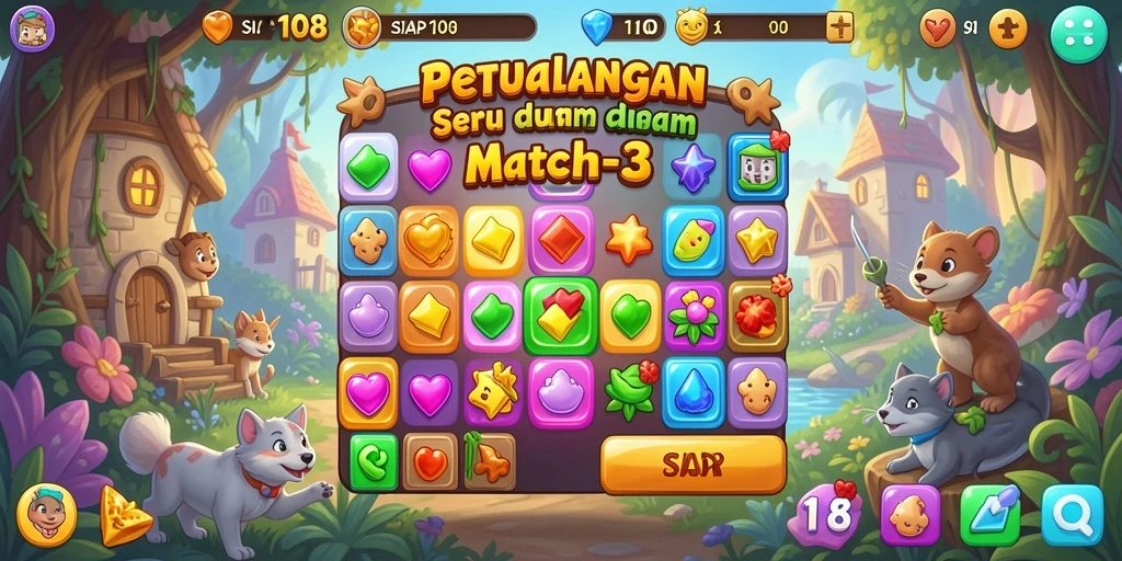 Screenshot SIAP108 menampilkan gameplay menarik dari Match-3 dengan item berwarna-warni.